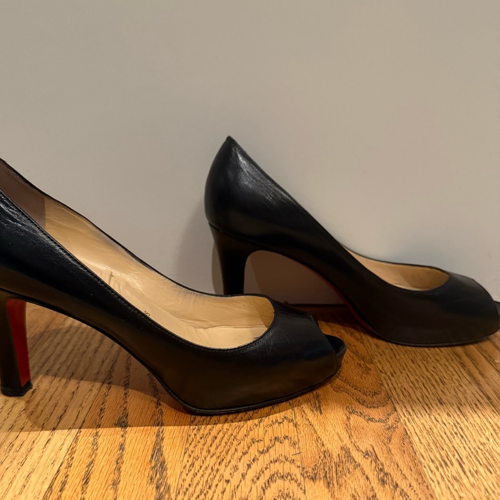 Christian Louboutin Black Leather Peep Toe Heels 37 - Picture 4 of 7